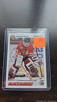 Close-up photo of Dominik Hasek rookie hockey card in protective sleeve, showing him in Chicago Blackhawks goalie uniform.