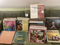 Large collection of vintage vinyl records on a green couch, including Broadway musicals 'Carousel' and 'My Fair Lady,' and 'Music of Hawaii'