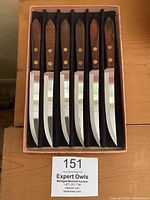 Set of 6 steak knives with dark wooden handles secured by brass rivets, stainless steel blades laid out in a storage box.