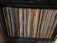 Front view of vinyl record collection stored vertically in shelves showing a variety of album spines with different titles and artists.