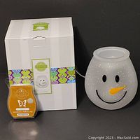 Scentsy Frosty Glow warmer alongside Saddle Up wax bar in front of original packaging.