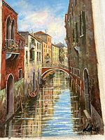 Close-up of the Venice canal painting showing detailed brushwork, colors, gondola, buildings, water reflections and artist's signature in lower right corner.