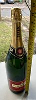 Photo showing entire front neck and upper body of oversized Piper Heidsieck champagne bottle with measuring tape indicating height about 19 inches.