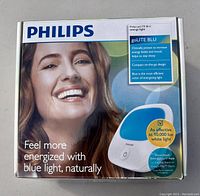 Original box showing product name, image, and claims about blue light therapy benefits such as increasing energy and mood.