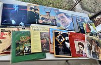 Wide view of the vinyl records laid out showing multiple album covers including ABBA, jazz, and classical titles.