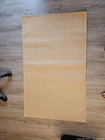 Photo of pale beige rectangular woven carpet laid flat on wood floor, showing full carpet area and edges.