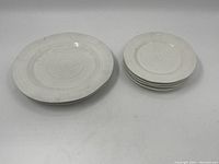 Photo of one large serving plate and six smaller plates stacked on the right side, white with textured concentric circles.