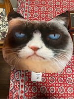 Front side of pillow showing realistic grumpy cat face with blue eyes
