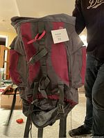 Front view of large trekking backpack with maroon and dark grey colors, featuring multiple straps and buckles.