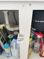 Photo showing various cleaning supplies under sink including large jug, Lysol cans, spray bottles, and visible plumbing