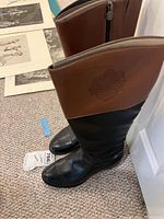Pair of knee-high Etienne Aigner boots standing side by side showing brown leather cuff and black leather shaft and foot.