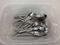 Photo of the full cutlery set, all items together in a plastic bin, showing variety and quantity.
