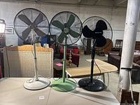 Front view of the three floor fans showing white Holmes fan, green Holmes fan, and black Comfort Zone fan standing side by side.