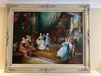 Full frontal view showing entire oil painting and ornate frame