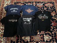 Full view of all six clothing items laid out on a patterned carpet: three T-shirts, one sweater, one polo shirt, one Sturgis Rally 2002 T-shirt.