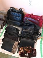Overview image showing multiple handbags and one wide sequin belt. Handbags vary mostly in black with one red bag included.