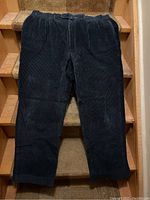 Full view of black corduroy men's pants, showing overall shape, front zipper, pockets, and belt loops