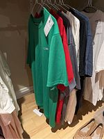 Front view of seven men's sports shirts and t-shirts hanging in closet with visible green, red, grey, white, cream, and navy colors