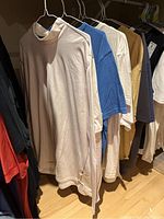 Side angle view of seven men's sports shirts on hangers in a closet space, showing colors white, blue, tan, black and off-white.