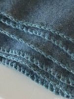 Close-up photo showing hand-crocheted blanket stitch along the edge of the wool blanket in blue-grey colors.