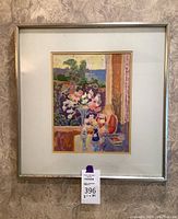 Full front view of the framed painting hanging on a marble or faux marble wall surface.