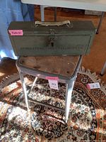 Photo showing vintage metal stool with worn seat underneath a military ammunition box with stenciled text and fabric handle.