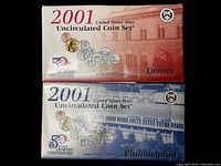 Photo of two 2001 United States Mint Uncirculated Coin Sets in original packaging from Denver and Philadelphia.