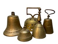Group photo of five antique brass/bronze bells showing size and design details