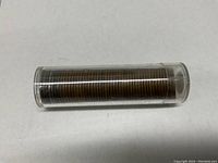 Full view of the roll of pennies in a clear plastic coin tube.