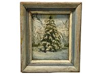 Front view of the framed oil painting showing pine tree with snow and background trees.