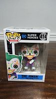 Front view of The Joker Funko Pop #414 in original packaging showing the figure and box details
