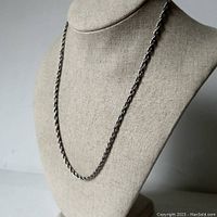 Full view of the sterling silver rope chain necklace displayed on a mannequin bust showing length and design.