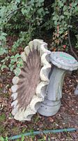 Bird bath basin and pedestal resting on the ground with surrounding foliage.