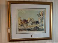 Full view of framed and matted print showing outer gold frame and white double mat