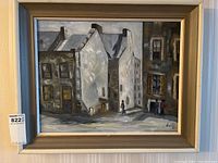 Front view of the original oil painting showing the street scene in muted grays and browns with visible brush strokes and a wooden frame.