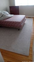 Light beige area rug on hardwood floor with bed and furniture visible on top of it.