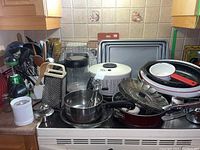 Photo showing roast pans, measuring cups, strainers, manual hand mixer, saucepan, glass pie plate, graters, chopper, utensils and whisks on a stove surface.