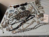 Overview of assorted costume jewelry spread on a light background showing necklaces, bracelets, and earrings