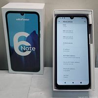 Ulefone Note 6 packaging and phone powered on showing About Phone screen with RAM and Android version details.