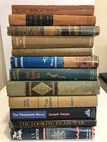 Photo showing spines of 12 old and rare books stacked horizontally, titles and authors partially visible