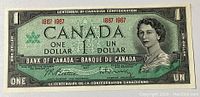 Front side of the 1967 Canadian Centennial One Dollar bill showing Queen Elizabeth II portrait and denomination.