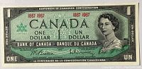 Front side of the 1867-1967 Canadian Centennial One Dollar Bill showing Queen Elizabeth II and commemorative text.