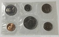 Front view of 1969 Canadian coin set sealed in plastic showing all six coins including 1-cent, 5-cent, and others in mint state