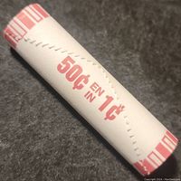 Image of the sealed roll wrapper showing 50 cents in one cent coins.