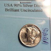 Obverse side of 1945 USA Mercury Dime showing Lady Liberty with winged cap and inscription details.