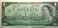Front side of the 1867-1967 $1 Canadian Centennial Confederation banknote showing Queen Elizabeth II, denomination, dates, and signatures.