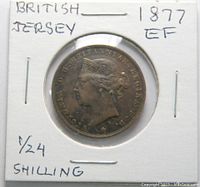 Obverse of the 1877 British Jersey 1/24 shilling coin in protective holder with handwritten label.
