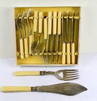 Top-down view of boxed set showing three forks, three serving forks, three knives, and three serving knives with ivory Bakelite handles.