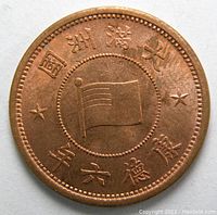Front side of the coin showing the Manchukuo flag, Chinese characters, and stars in copper tone with fine details.