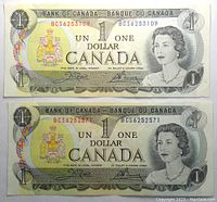 Two Canadian one dollar notes from 1973, showing front side with Queen Elizabeth II and serial numbers.